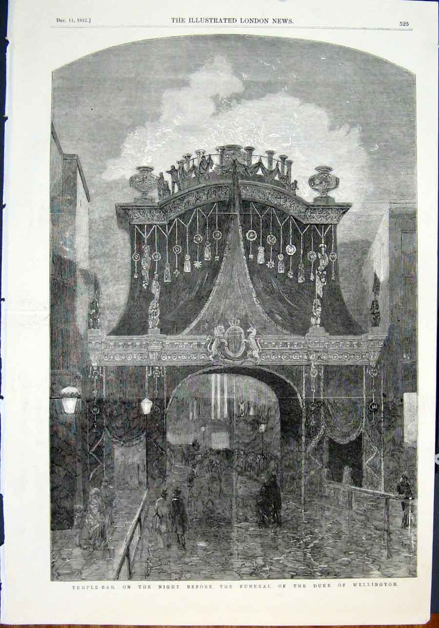 Original Old Antique Print Temple Bar Funeral Wellington London 1852 Victorian