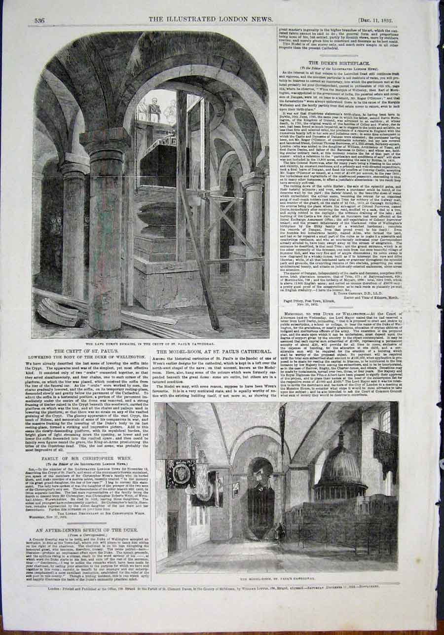 Original Old Antique Print St Paul'S Cathedral Crypt Wellington London 1852 19th
