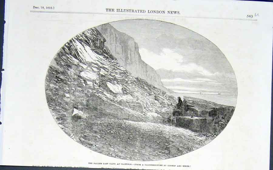 Original Old Antique Print Hastings Cliff Cliffs 1852 Sea Beach 19th