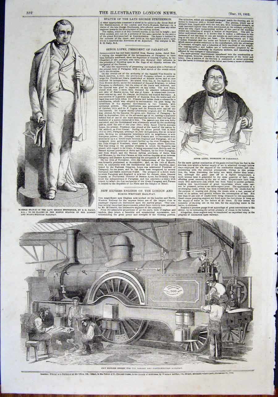 Original Old Antique Print Statue Stephenson Baily Lopez Portrait Engine Railway