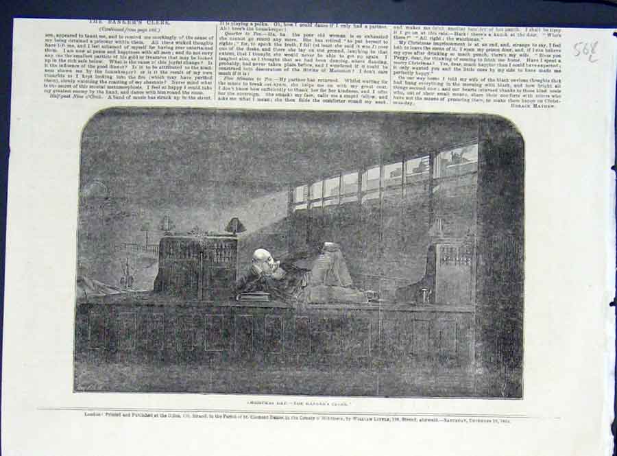 Original Old Antique Print Christmas Day Banker'S Clerk Bank Fine Art 1852 19th