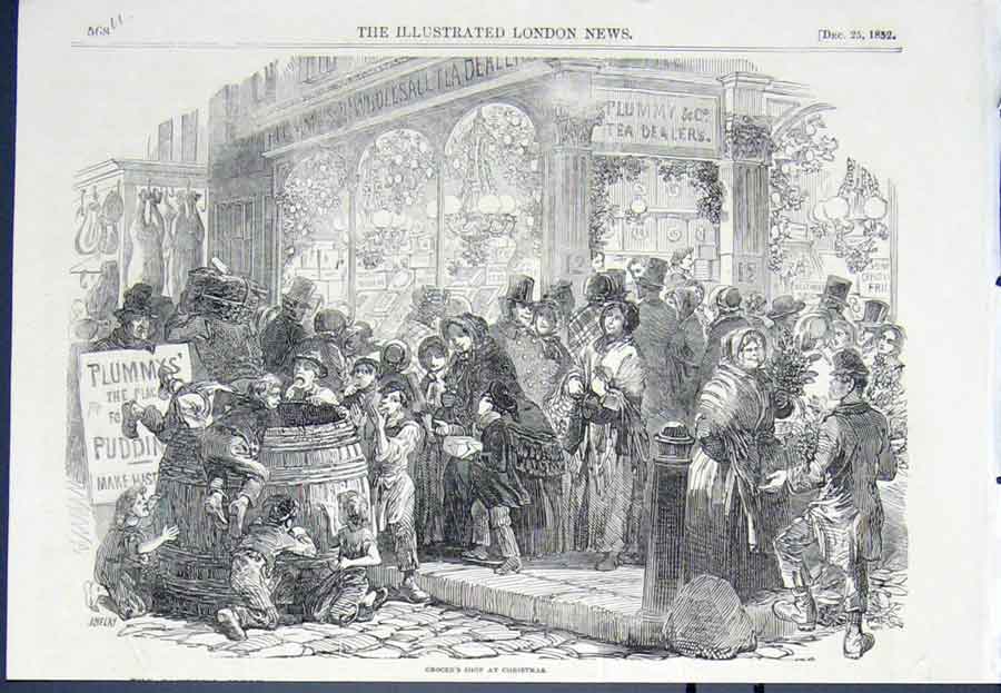 Original Old Antique Print Grocer Grocer'S Shop Christmas Street London 1852