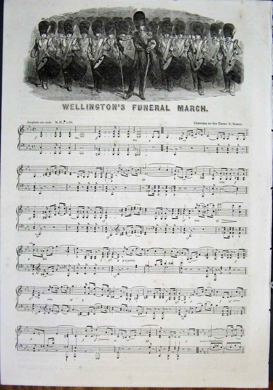 Old Antique Print Music Score Sheet Wellington Funeral March Bishop 1852 19th