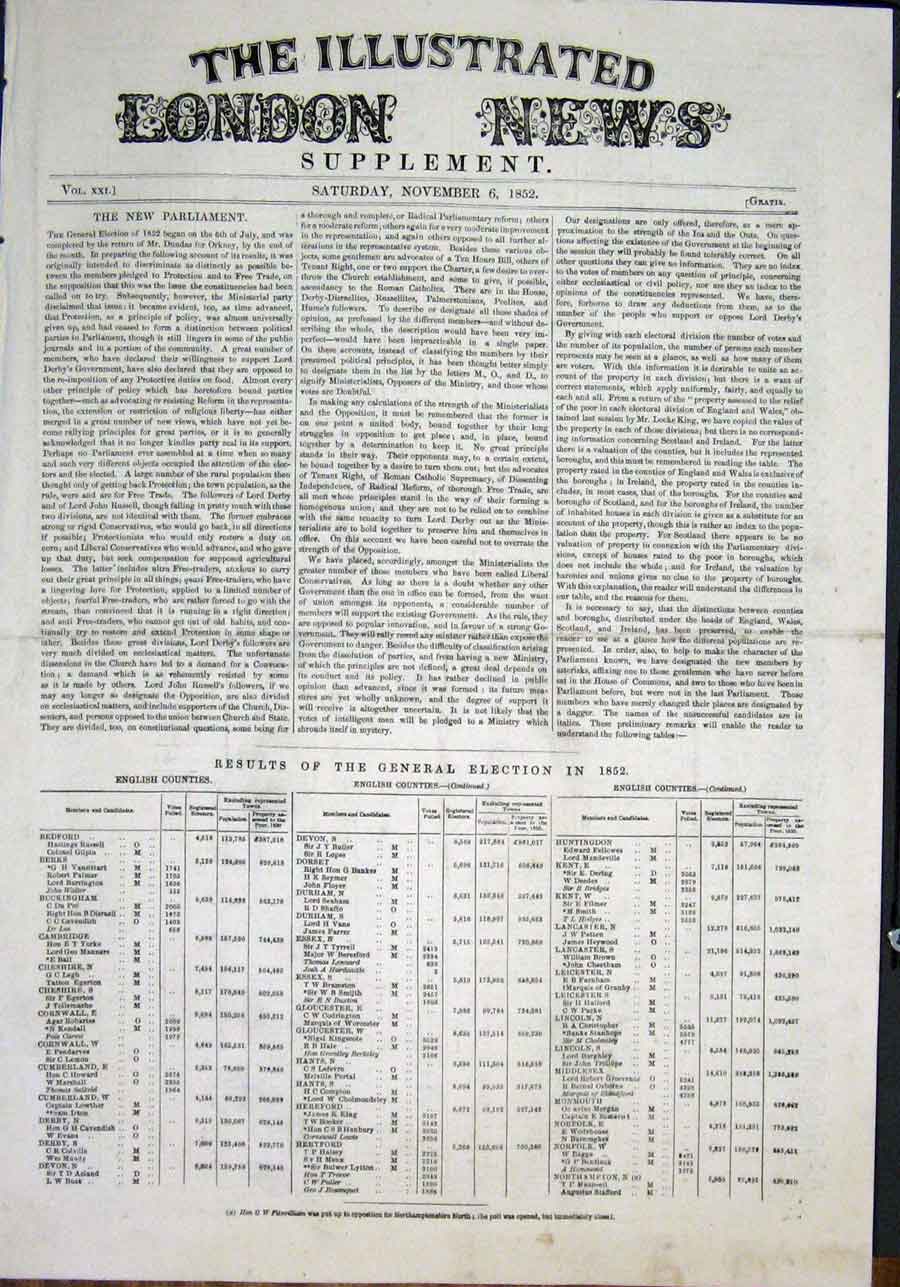 Original Old Antique Print General Election Results Counties 1852 Victorian