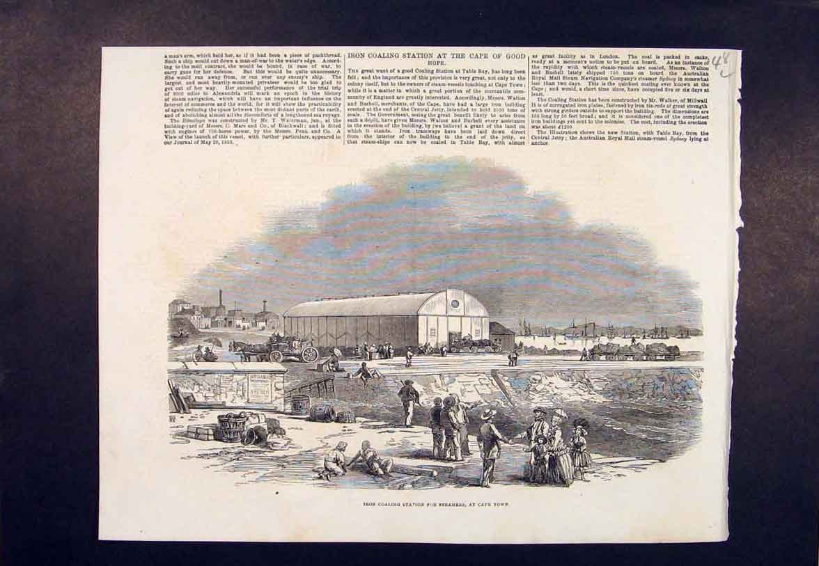 Original Old Antique Print Iron Coaling Station Steamers Cape Town Africa 1854