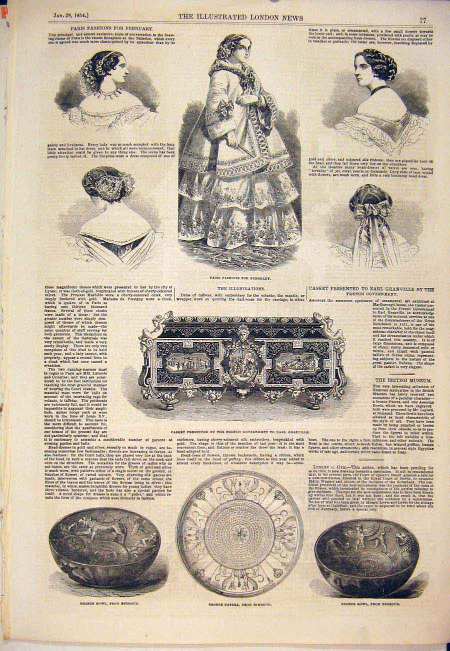 Original Old Antique Print Paris Fashions Fashion Casket Earl Granville 1854