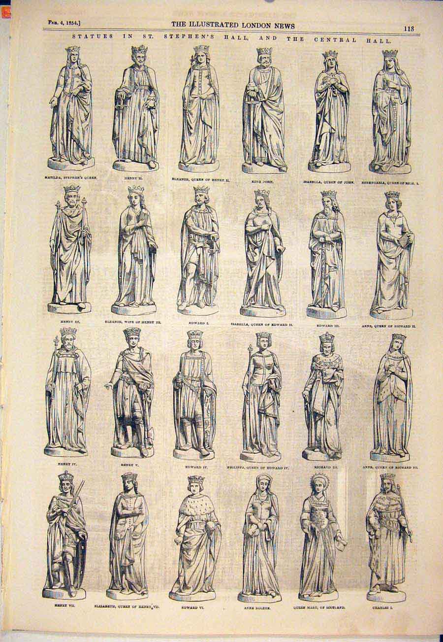 Original Old Antique Print Statues St Stephen'S Hall Central Statue Queen 1854