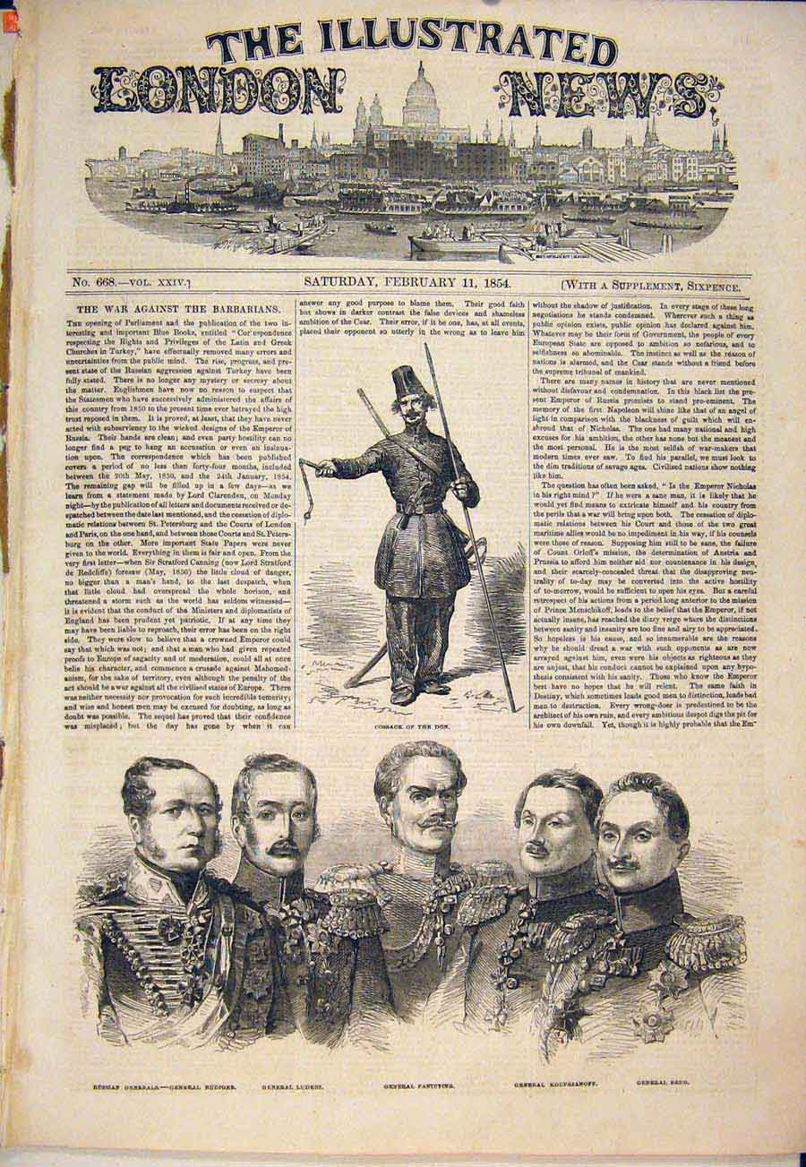 Original Old Antique Print Cossack General Portrait Generals Portaits 1854 19th