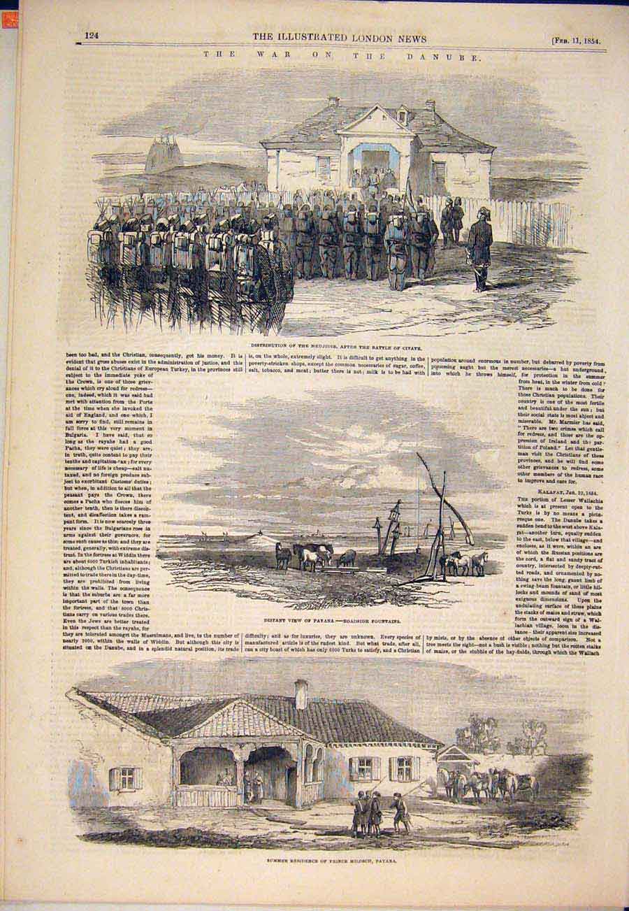 Old Antique Print War Danube Citate Payana Fountain Milosch Wallach 1854 19th