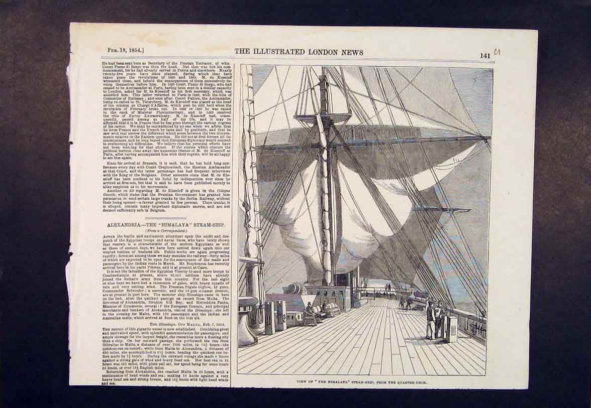 Original Old Antique Print Himalaya Steam Ship Quarter Deck Alexandria 1854