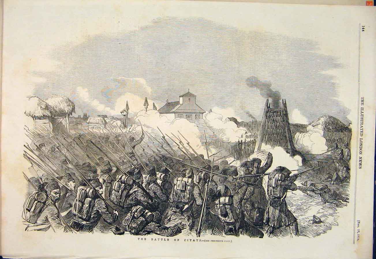 Original Old Antique Print Battle Citate Pacha Turks Russians 1854 Victorian