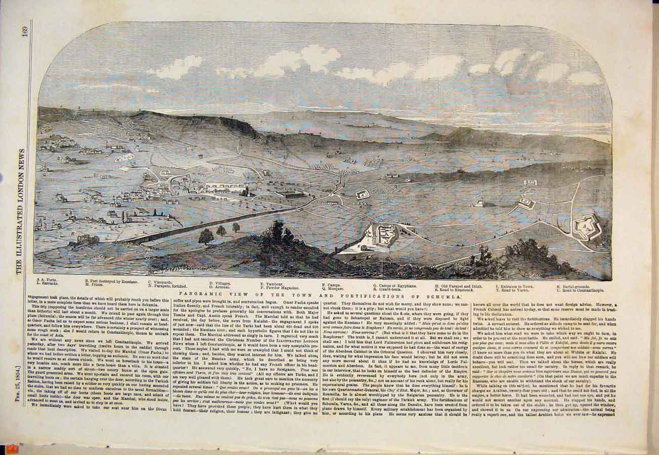 Original Old Antique Print Schumla Panoramic View Town Village Prison Camp 1854