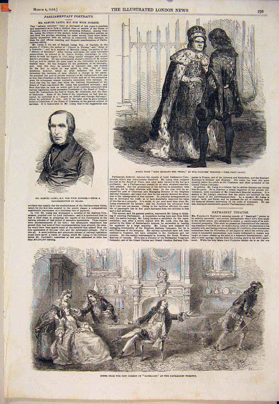 Original Old Antique Print Theatre Laing Ranelagh Haymarket London Richard 1854