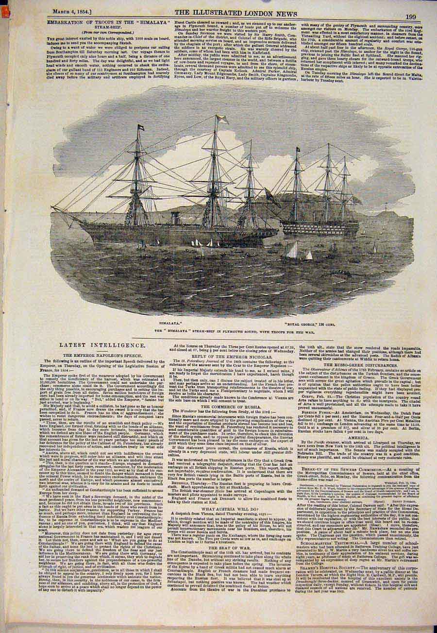 Original Old Antique Print Himalaya Steam Ship Plymouth Troops War Royal George