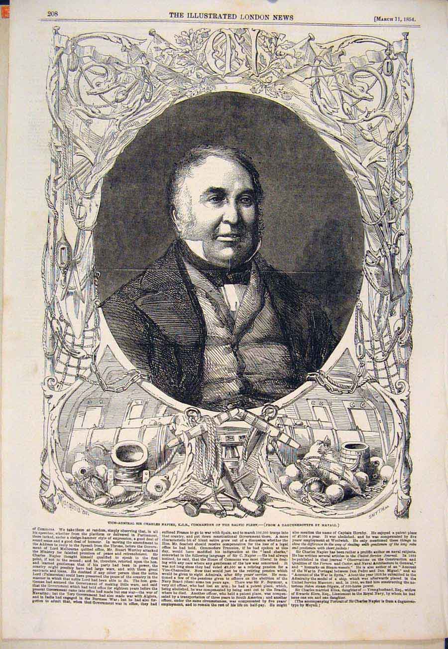 Original Old Antique Print Portrait Vice-Admiral Napier Commander Baltic Fleet