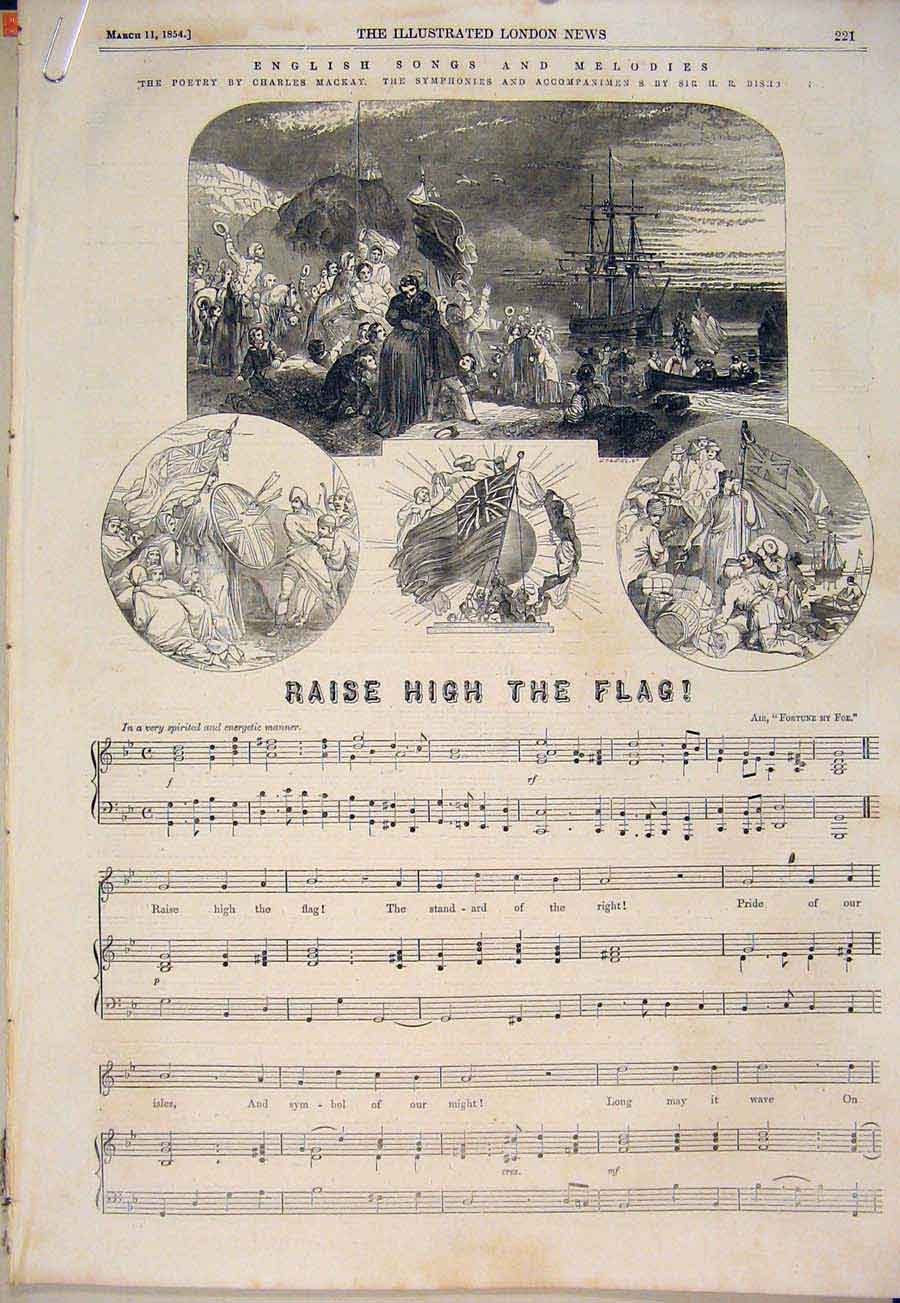 Original Old Antique Print Enlgish Song Melodies Music Score Flag Bishop Macay