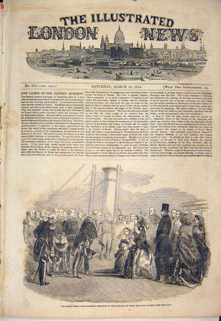 Original Old Antique Print Baltic Fleet Admiral Royal Yacht Reception 1854 19th