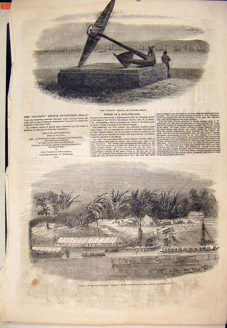 Original Old Antique Print Victory Anchor Southsea Beach Wreck Medusa Irrawaddy