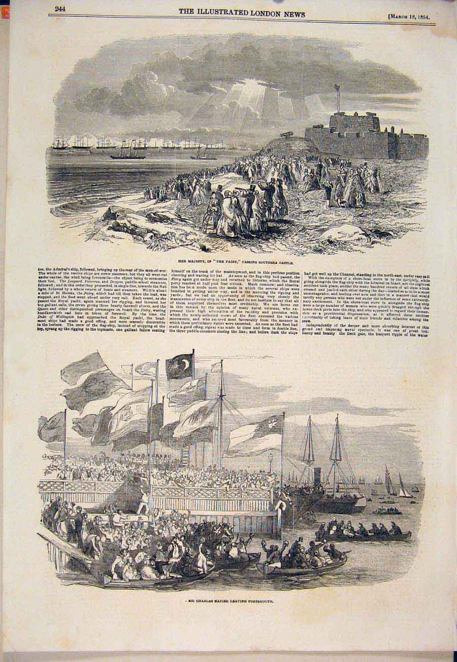 Original Old Antique Print Fairy Southsea Castle Napier Portsmouth Ships 1854