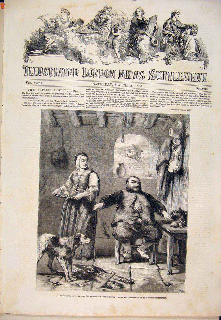 Original Old Antique Print Sanch Panza Gilbert Dog Wife Kitchen Fine Art 1854