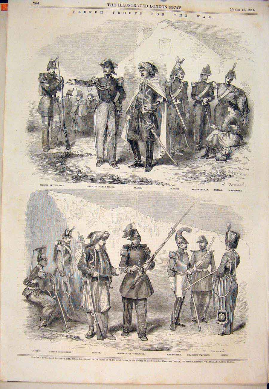 Old Antique Print French Troops War Officer Sapper Carbineer Dragoon 1854 19th
