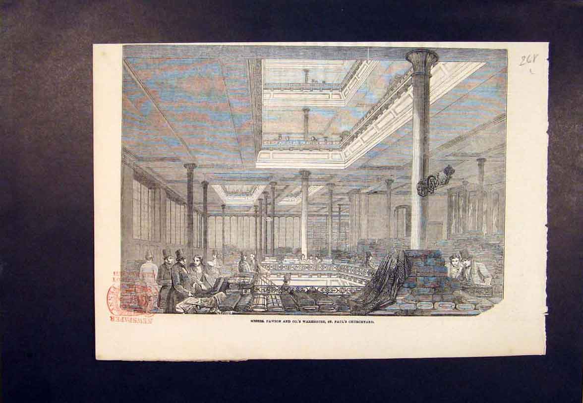 Original Old Antique Print Pawson Warehouse St Paul'S Churchyard London 1854
