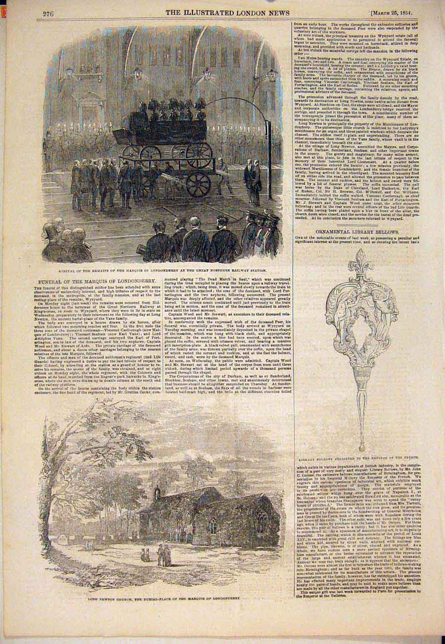 Original Old Antique Print Marquis Londonderry Station Long Newton Church 1854