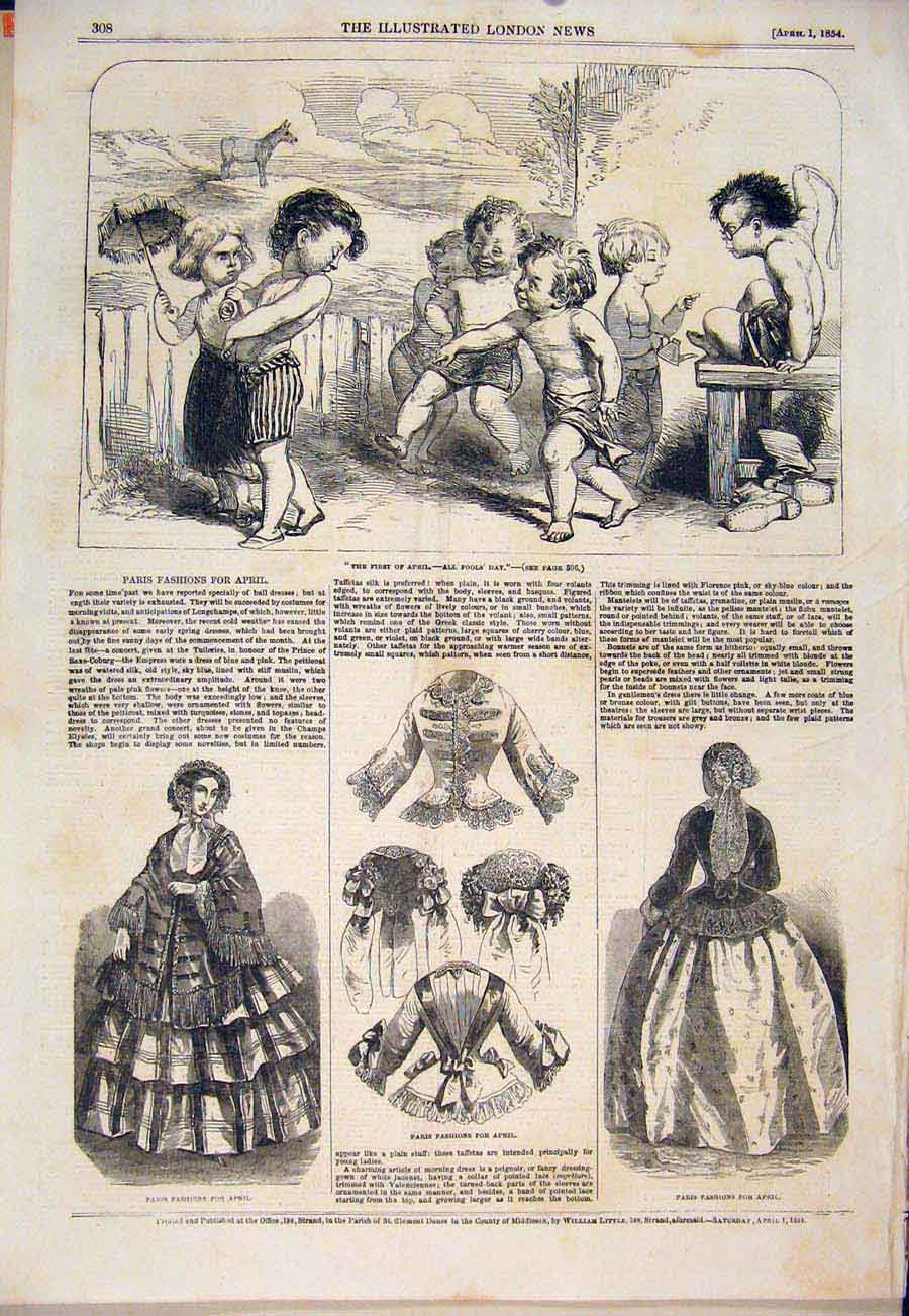 Original Old Antique Print Children Child April Fools Paris Fashion Ladies Dress