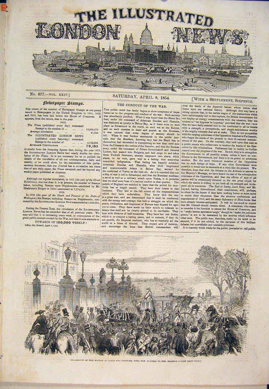 Original Old Antique Print House Lords Commons Procession Queen London 1854 19th
