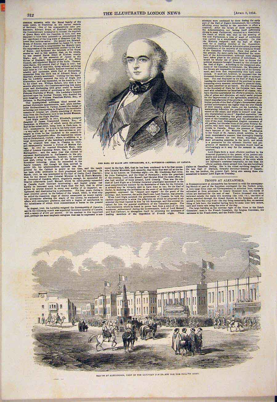 Old Antique Print Portrait Earl Elgin Kincardine Canada Alexandria Troops