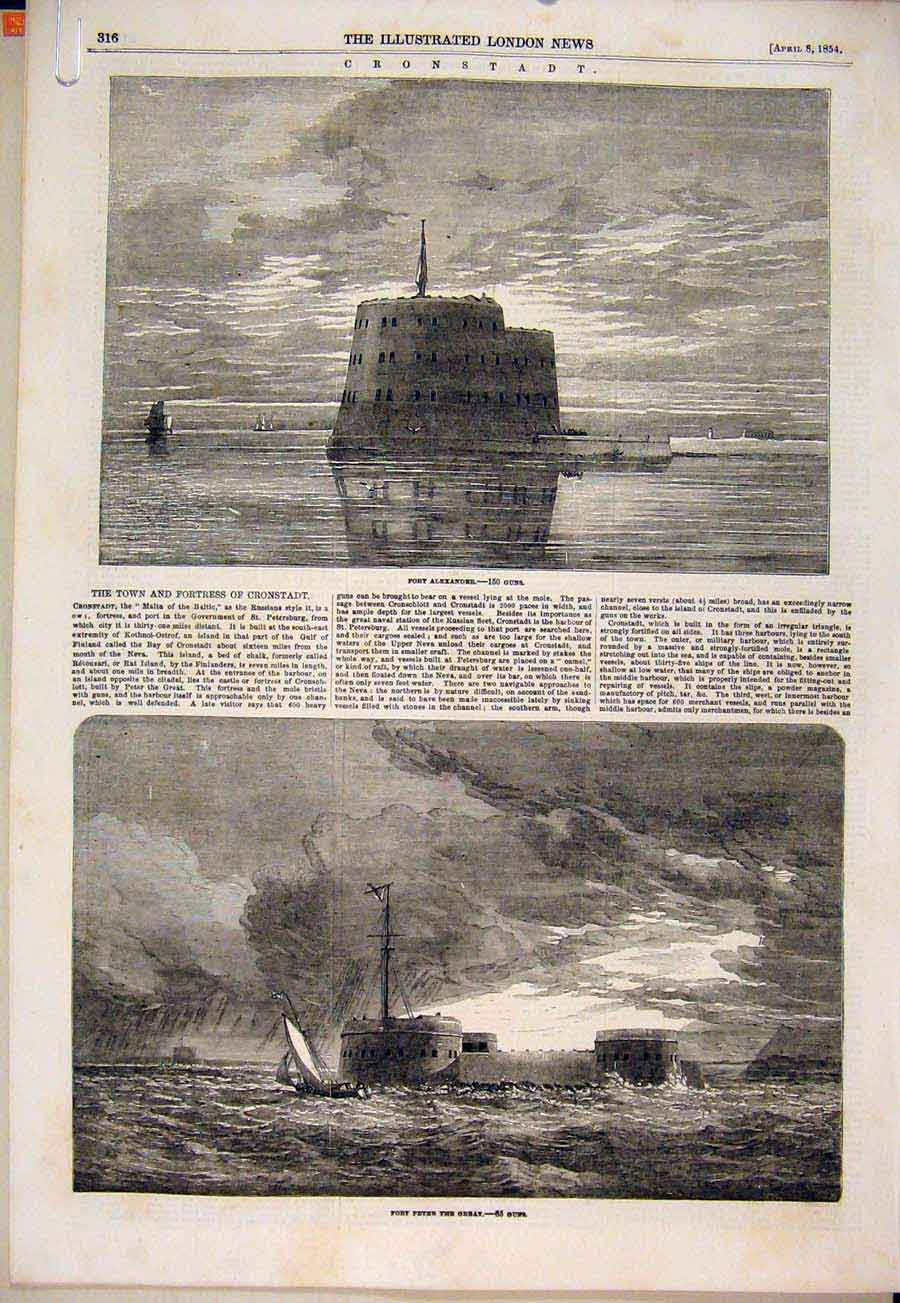Original Old Antique Print Cronstadt Alexander Fortress Risbank Fort 1854 19th