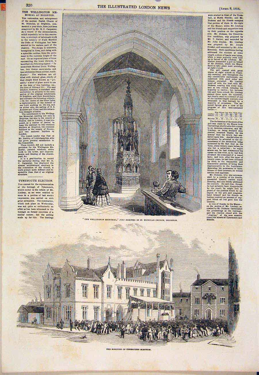 Original Old Antique Print Wellington Memorial Brighton Tynemouth Election 1854