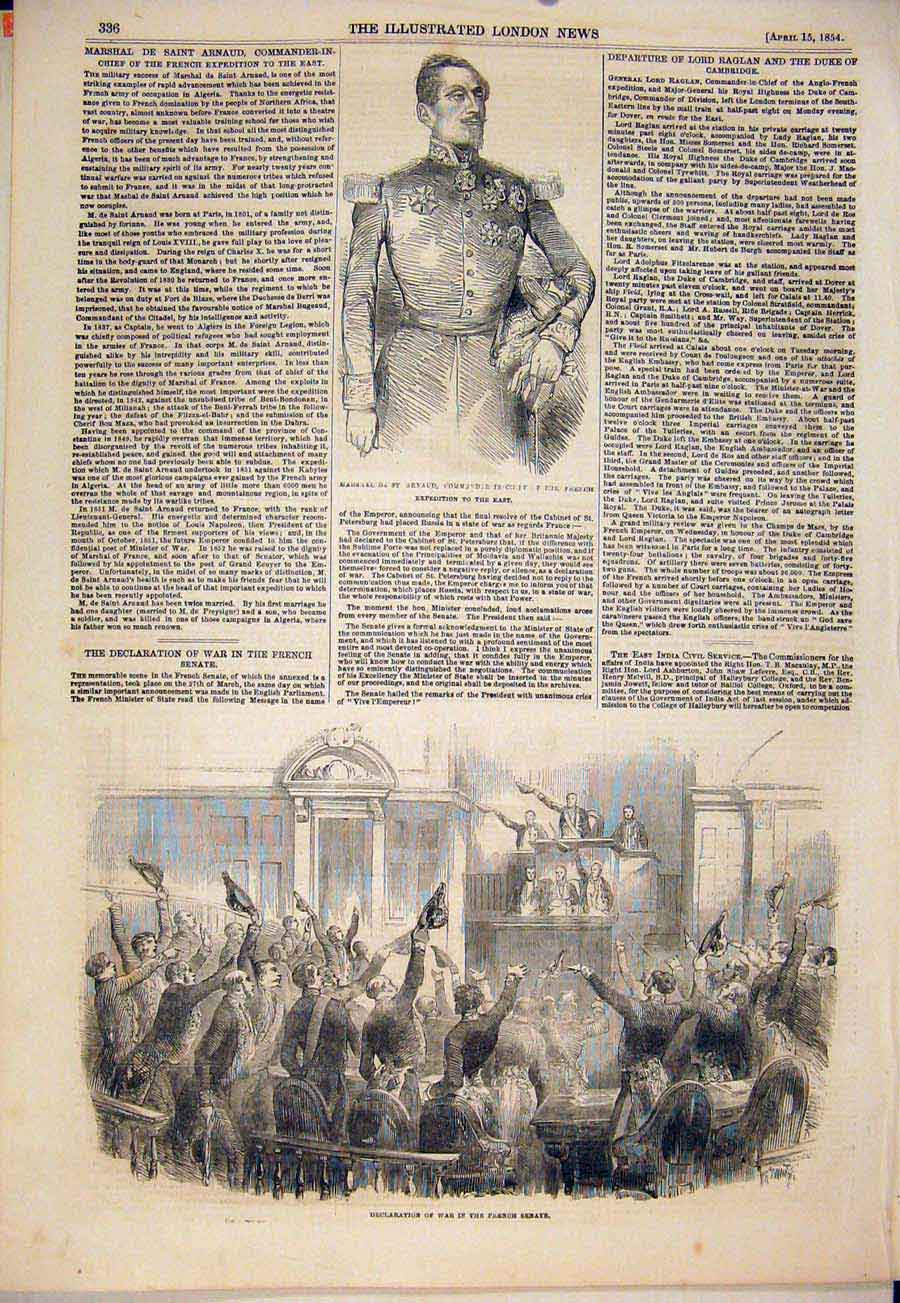 Original Old Antique Print Portrait St Arnaud French War Senate France 1854 19th