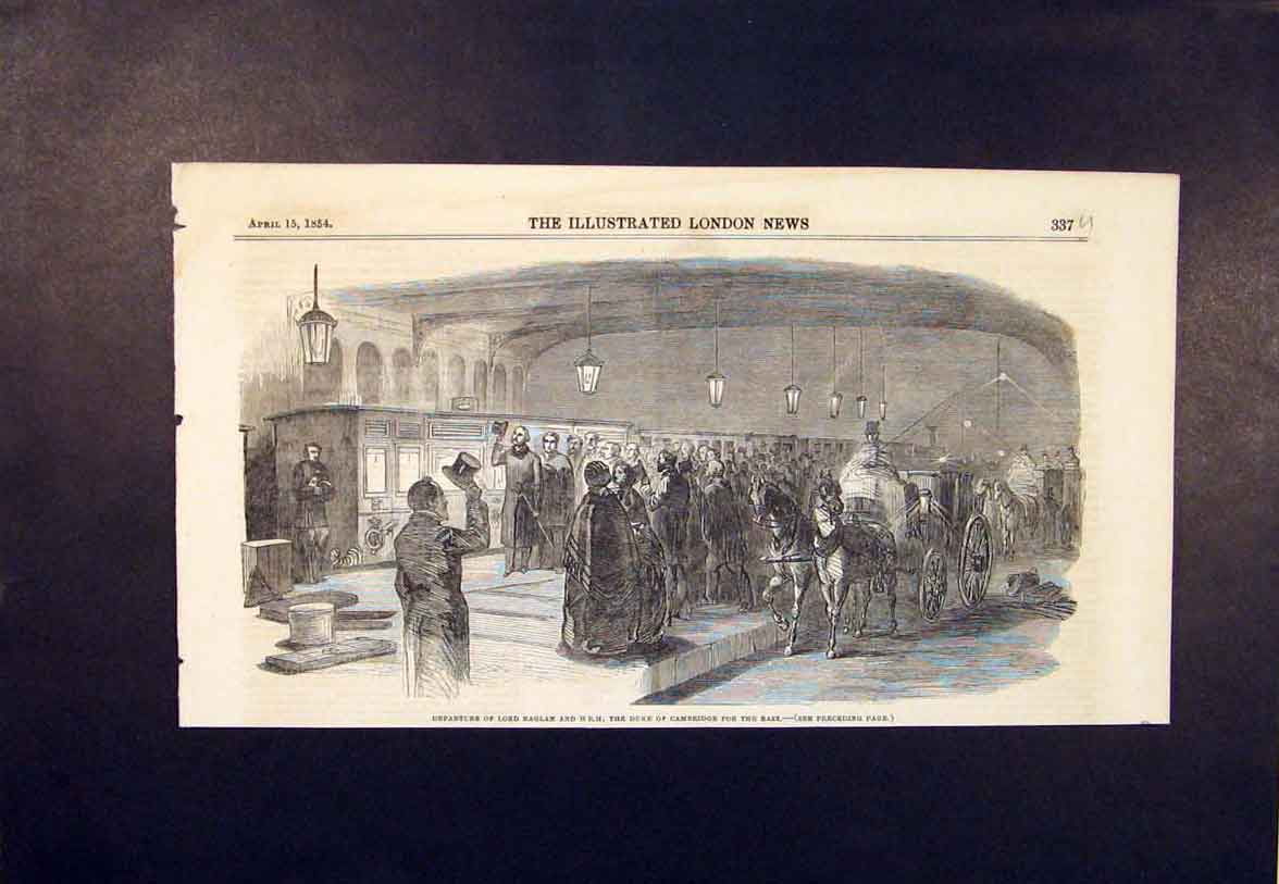 Original Old Antique Print Lord Raglan Duke Cambridge Coach Train Station 1854