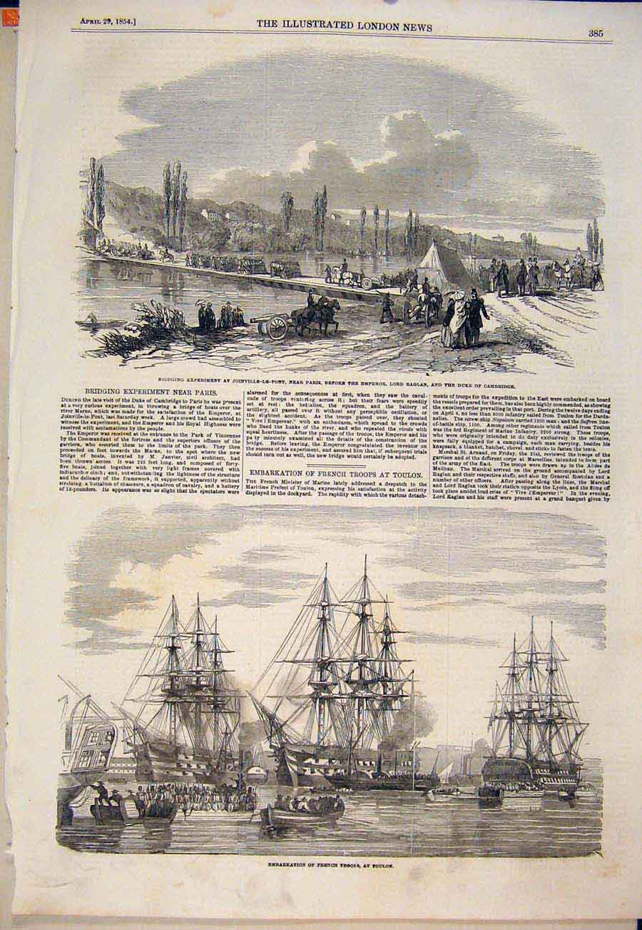 Original Old Antique Print Bridge Paris France French Troops Toulon 1854 19th