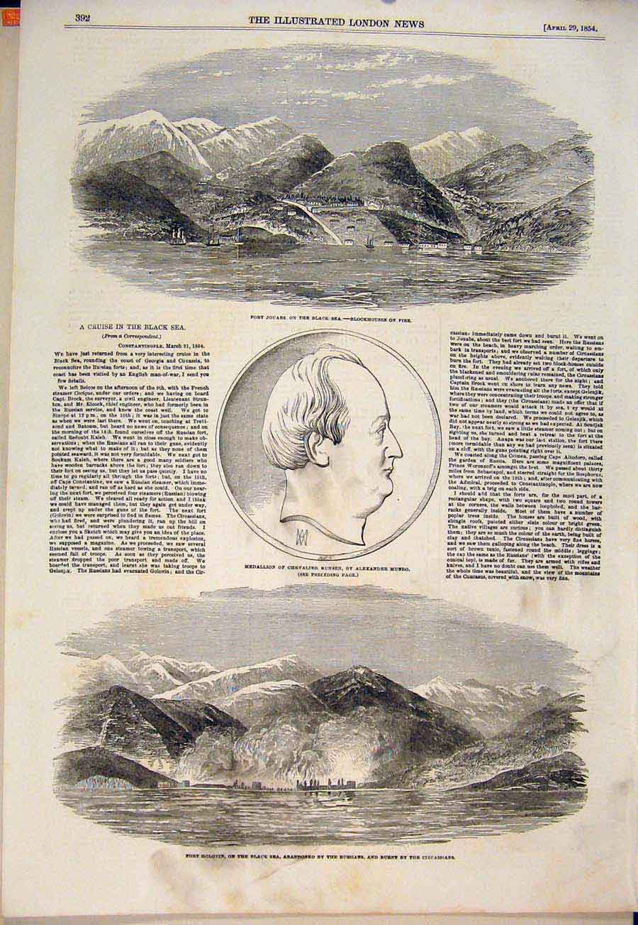 Original Old Antique Print Fort Jouabs Medal Bunsen Munro Golovin Russians 1854