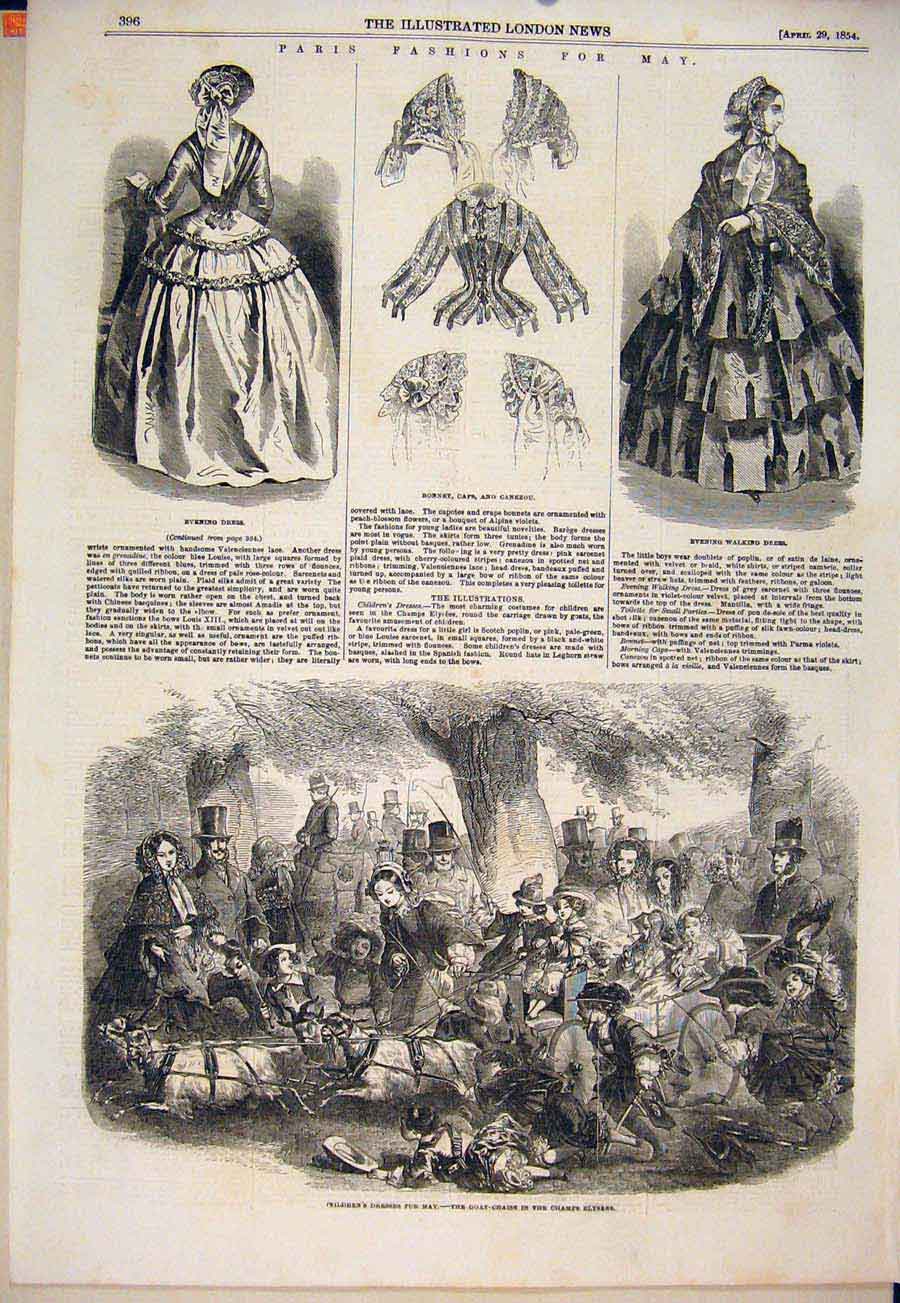 Old Antique Print Paris Fashion Children Dress Goat Chase Champs Elysees