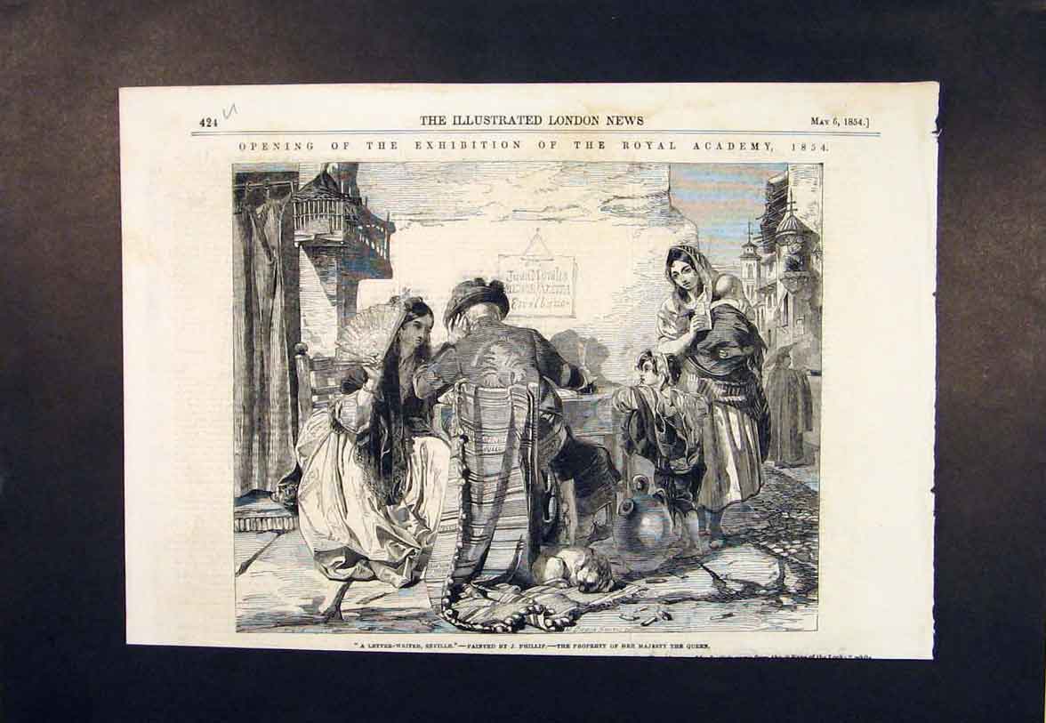 Original Old Antique Print Seville Letter Write Phillip Royal Academy 1854 19th