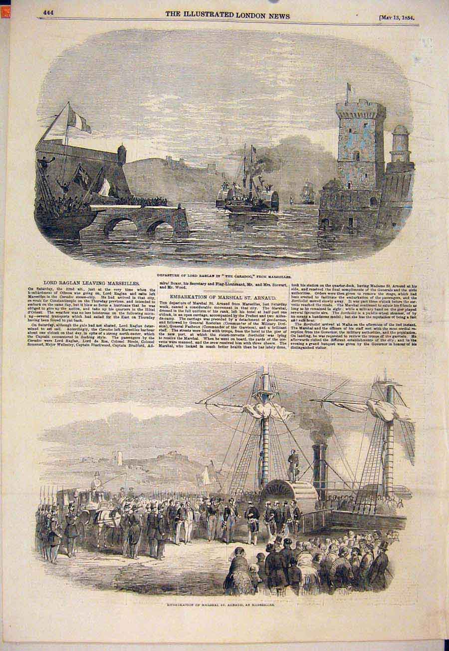 Original Old Antique Print Raglan Caradoc Marseillees France St Arnaud 1854 19th