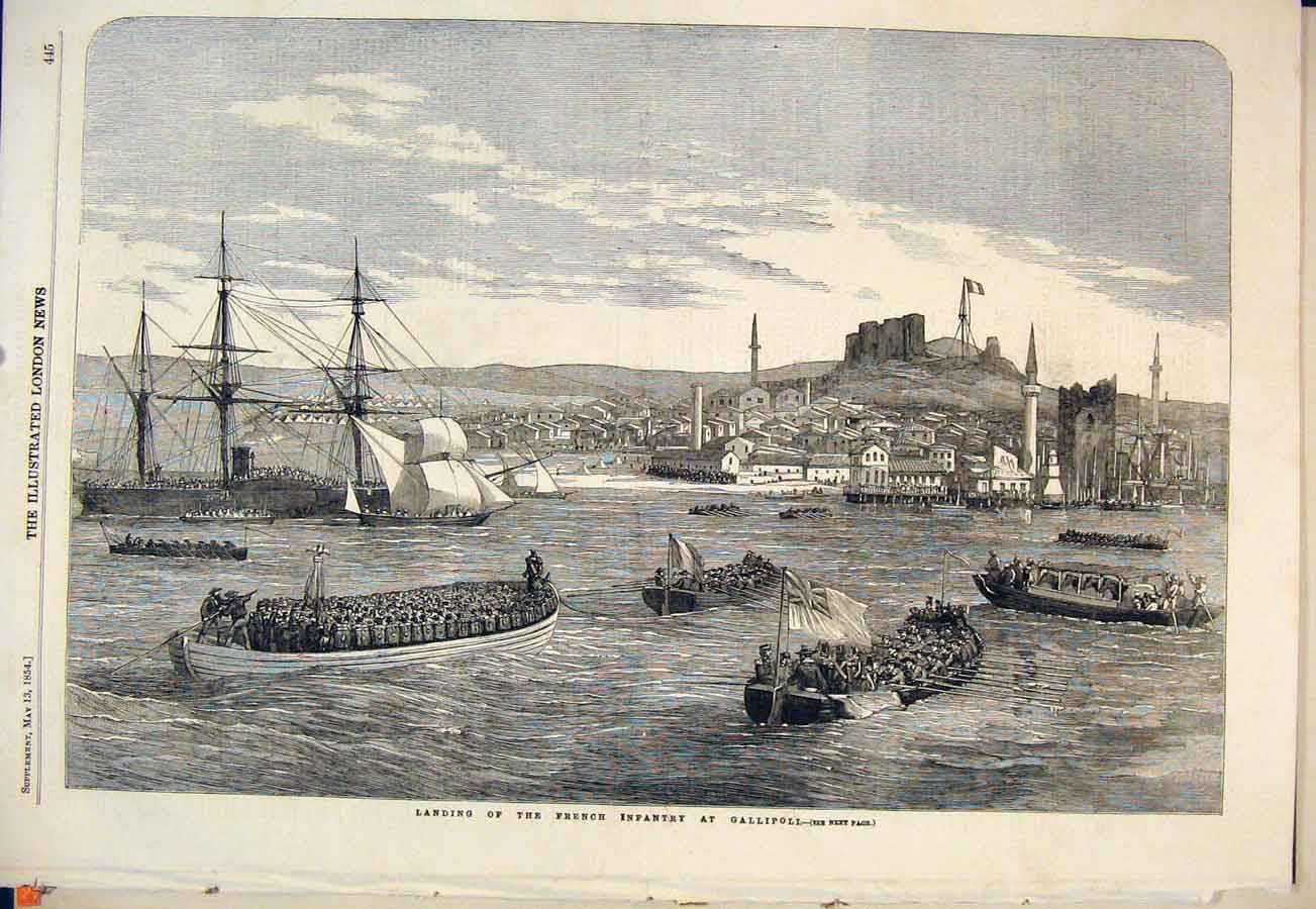 Original Old Antique Print French Infantry Gallipoli Launch Boats 1854 Victorian
