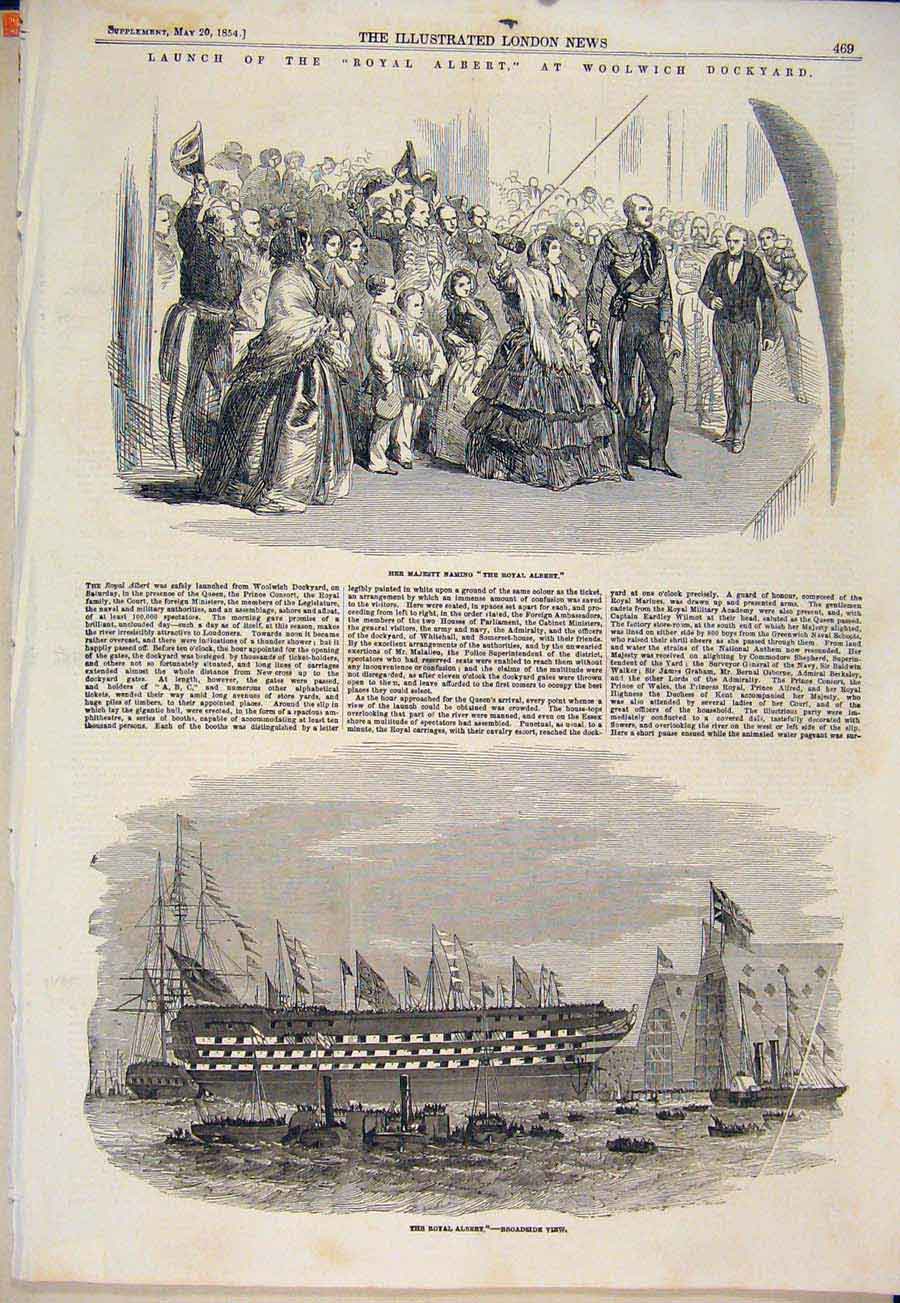 Original Old Antique Print Woolwich Dock Royal Albert Launch Broadside Ship 1854