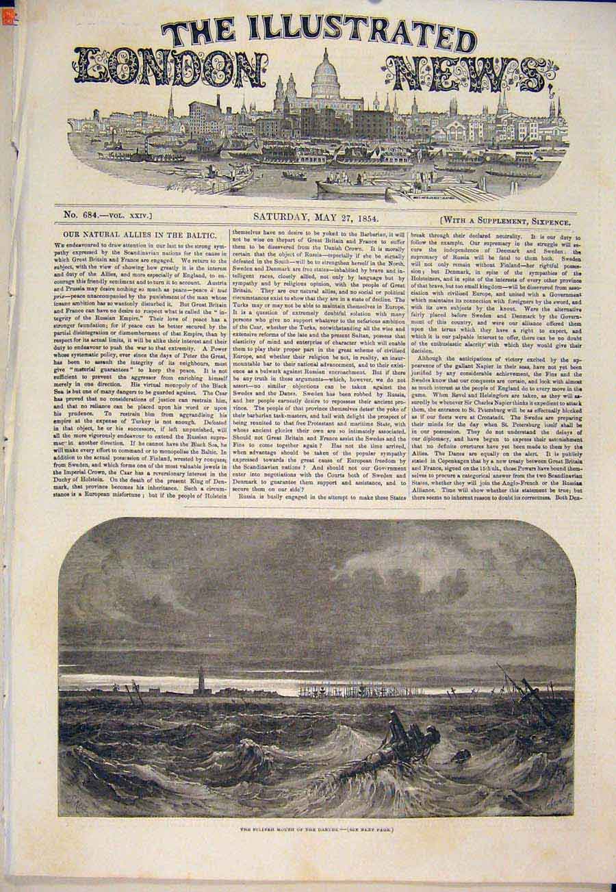 Original Old Antique Print Sulineh Mouth Danube River 1854 19th