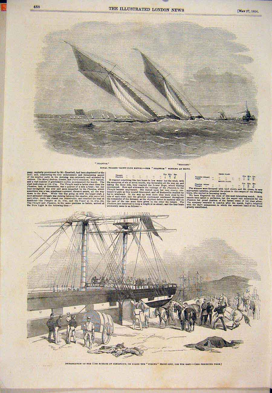 Original Old Antique Print Phantom Thames Yacht Tyrone Troop Ship Hussars 1854