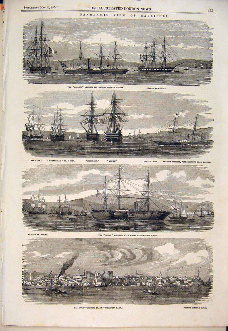 Old Antique Print Gallipoli Ships Ship Steamer Alger Napoleon Trent 1854 19th