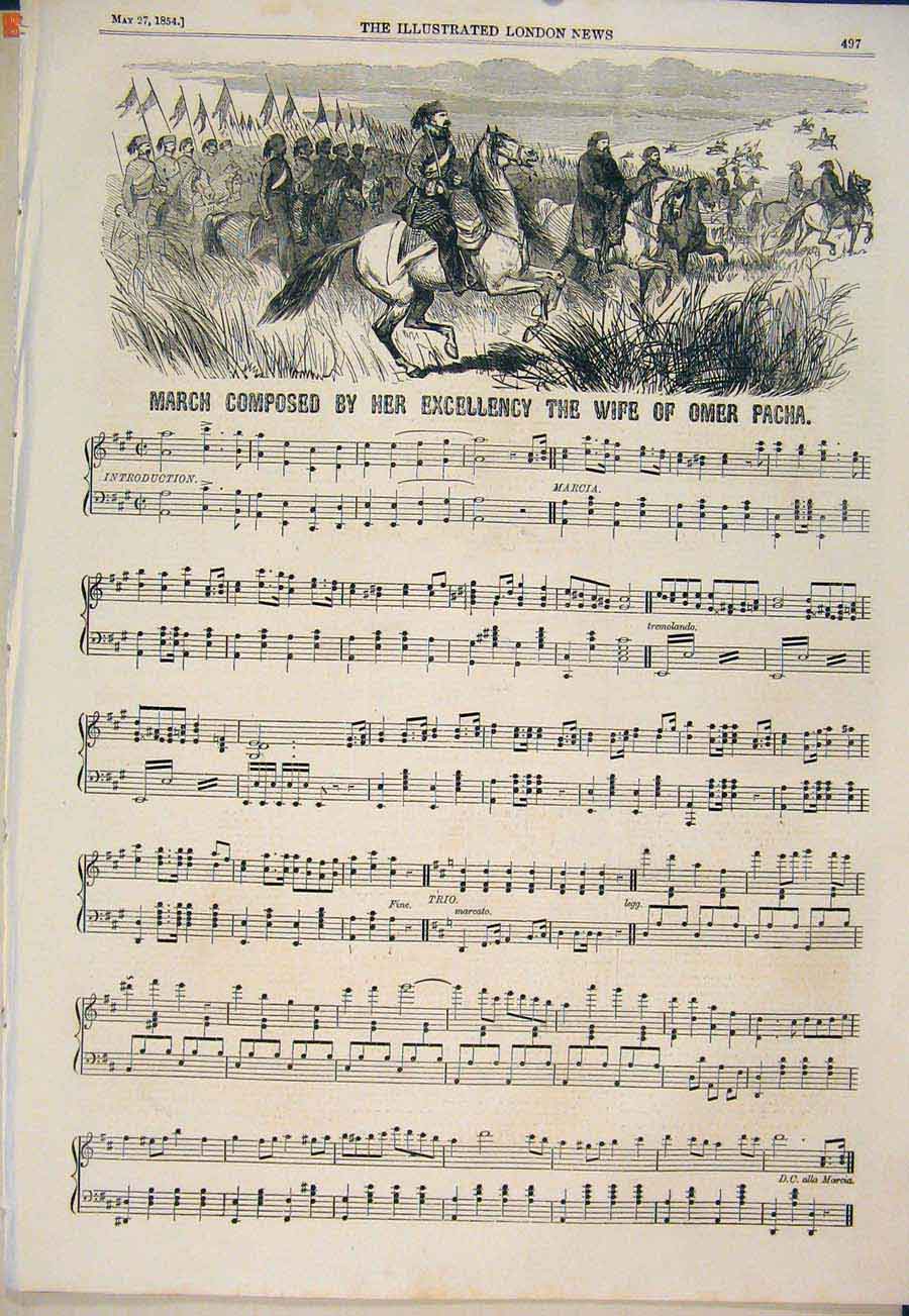 Original Old Antique Print Song Music Score Sheet Omer Pacha Composed 1854 19th