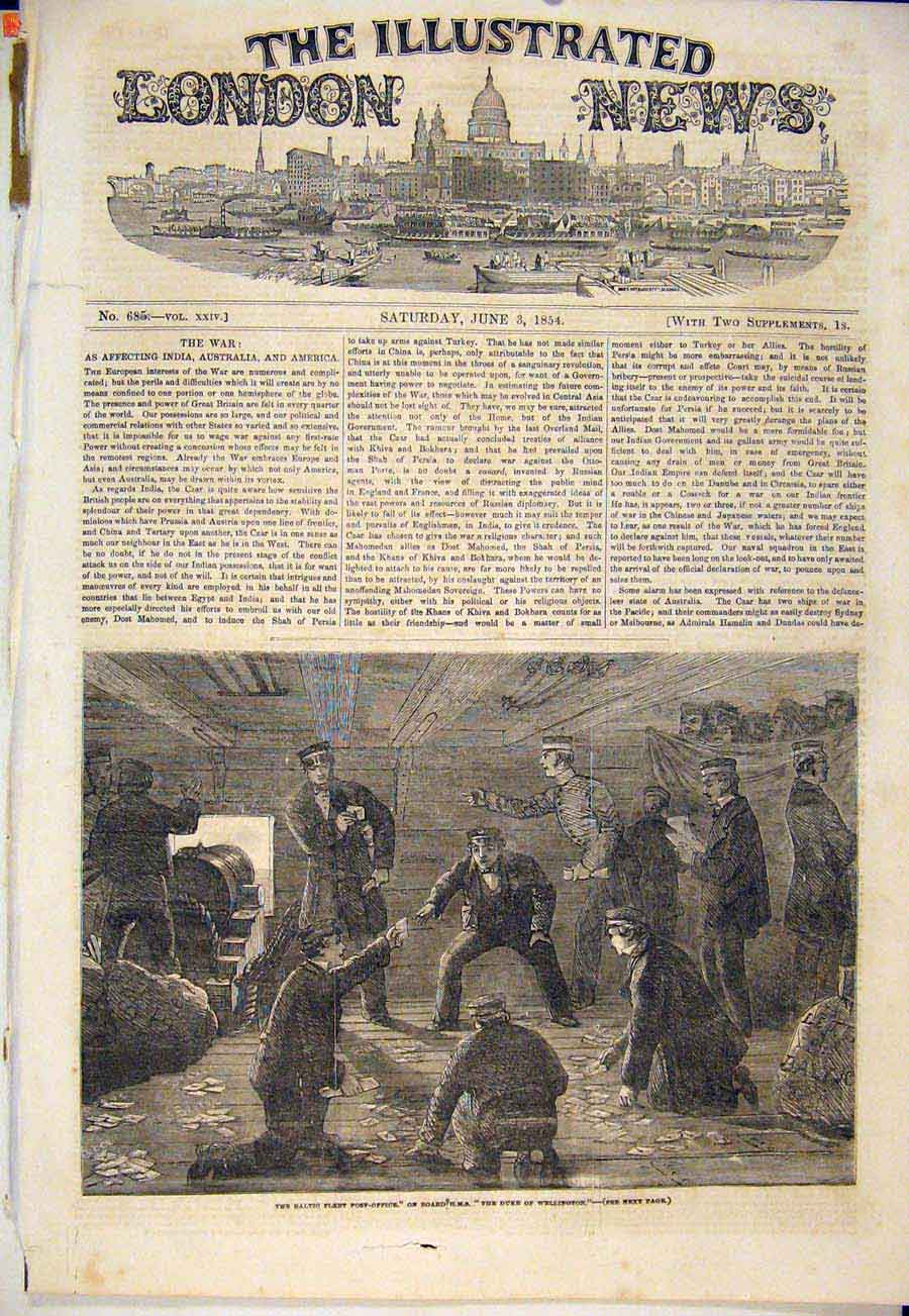 Old Antique Print Baltic Fleeet Hms Duke Wellington Ship Post Office 1854 19th