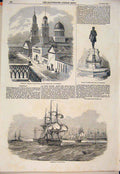 Original Old Antique Print Cathedral Church Cronstadt Statue Peter Harbour 1854
