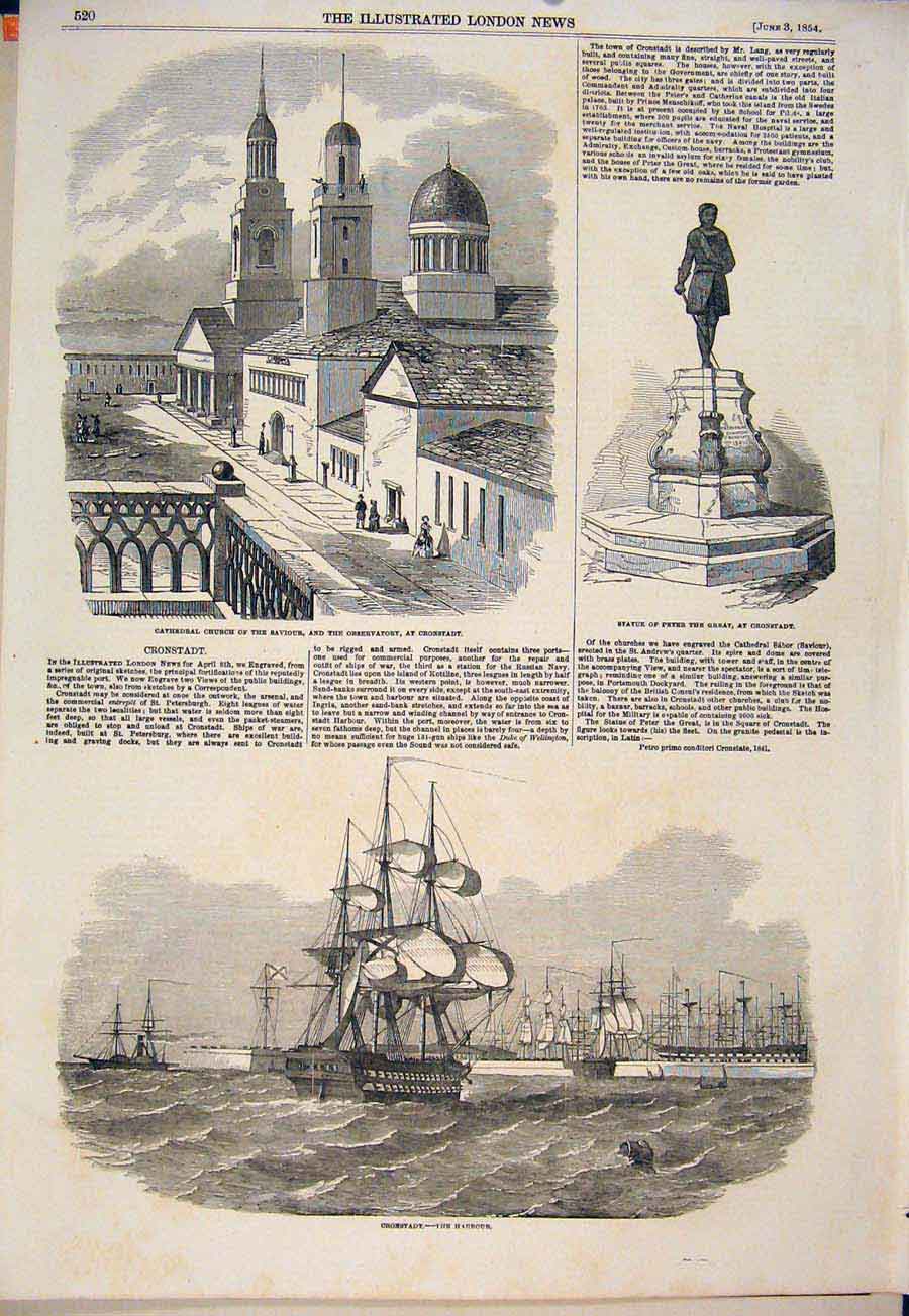 Original Old Antique Print Cathedral Church Cronstadt Statue Peter Harbour 1854