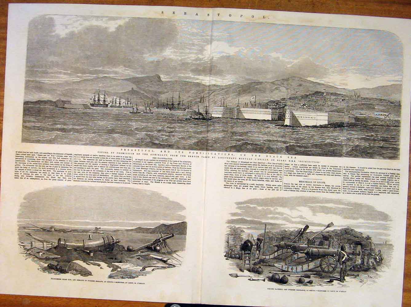 Original Old Antique Print Sebastopol Black Sea Admiralty Turkish O'Reilly Guns