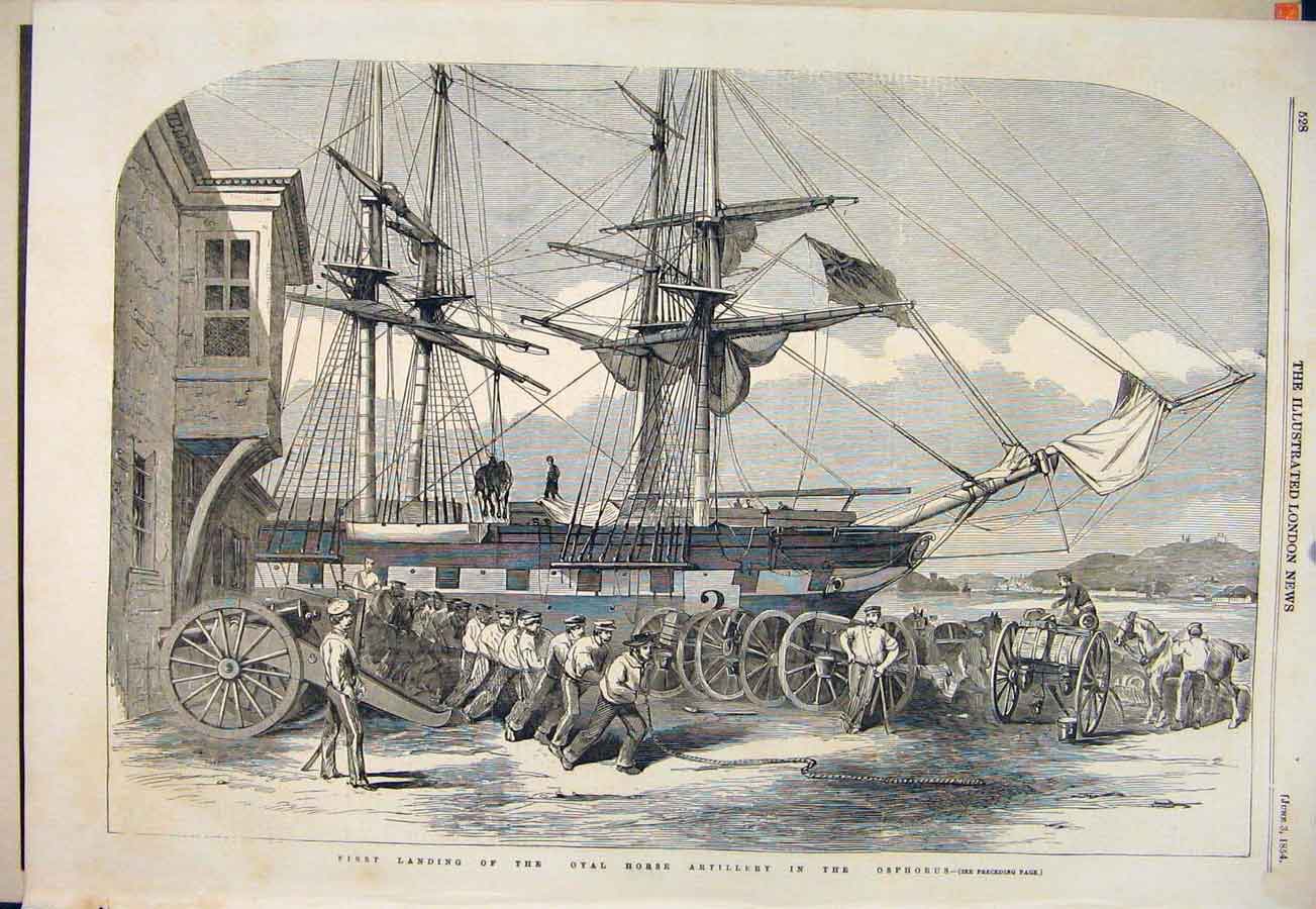 Original Old Antique Print Royal Horse Artillery Osphorus Ship 1854 Victorian